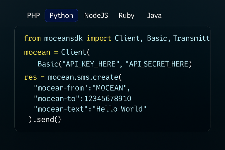 Python code example using Mocean’s SMS API to send instant messages